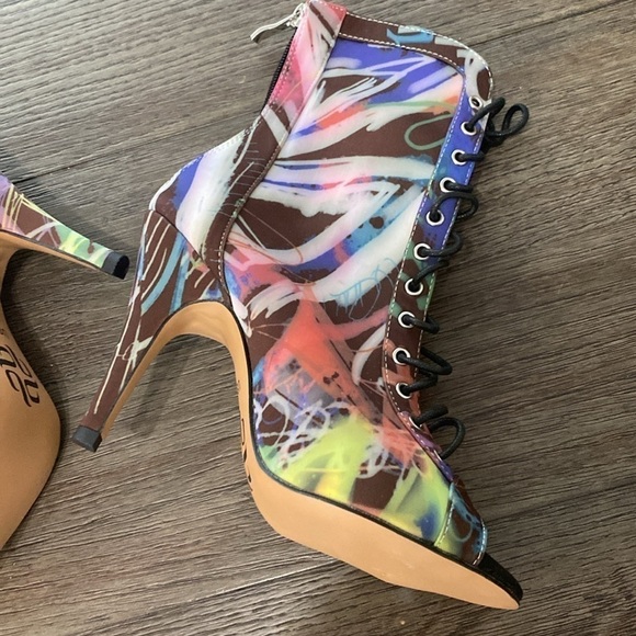 NWT BURJU Sofiya graphic multi color Open Toe Lace Up Ankle Boots | 6 1/2 - Picture 6 of 12